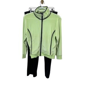 Obermeyer Velour Tracksuit Set Green Black Trim Zip Up Jacket‎ Pants L
